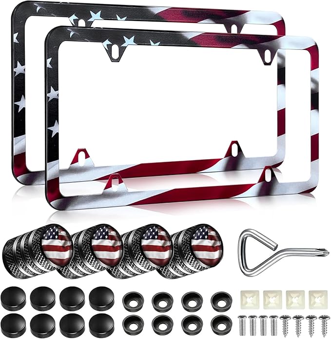 American Flag License Plate Frames - 2 Pack Universal Patriotic Matte Gloss Stars Stripe US Flag Stainless Steel Car Tag Frame Holder Covers with 4 Fluttering Flag Valve Stem Caps, Screws Fasteners
