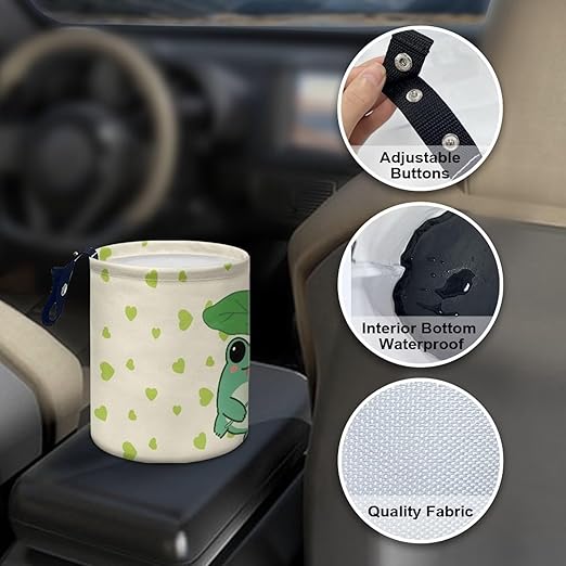 Cute Frog with Green Heart Collapsible Accessories Trash Can Car Trash Bin Car Trash Can Bags Universal Garbage Bin Decoration Car Interior for Car SUV Trucks