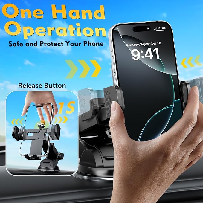Phone Holders for Your Car 2025 Upgraded Military-Grade Strongest Suction & Stable Clamp Arm Car Phone Holder Mount 360°Adjustable for Dashboard, Windshield, Air Vent for iPhone Samsung, Carbon Fiber