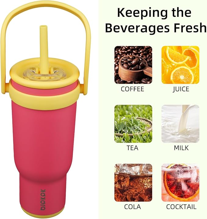BJPKPK 30 OZ Insulated Travel Tumbler with Handle and Straw, Stainless Steel Water Bottle, Double Wall Vacuum Insulated Mug, for Work, Car, Travel, Rose Pink
