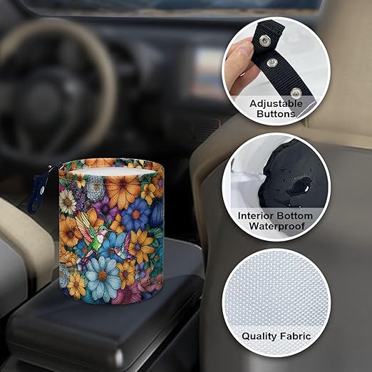 Hummingbird Flower Car Trash Can Leak Proof Waste Basket Container Bag Bin Hanging Cup Holder Organizer with Strap Mini Car Interior Accessories for Auto, Car, Camping, Travelling