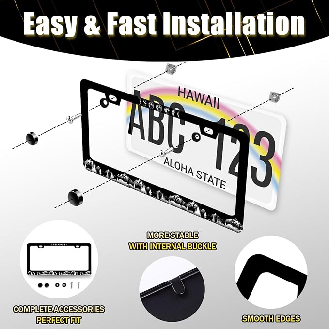 Moon Phase License Plate Frame Mountains Forest License Plate Black Stainless Steel Funny Accessory Cars Decor for Men Women 12.2 X 6.2 Inch with 2 Holes and Screws Fits Standard Us Ca Vehicles