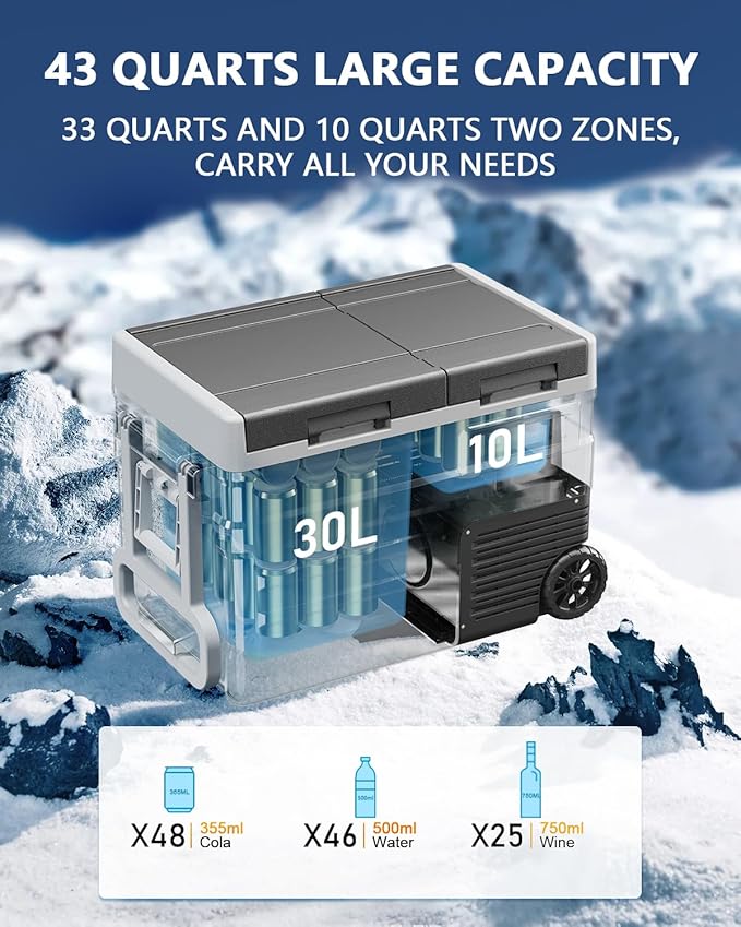 ELECAENTA 12 Volt Refrigerator, 43qt Dual Zone Car Fridge, Portable Freezer -4℉~68℉, Support DC/AC/Solar (Detachable Battery Optional), Electric Cooler for Camping Travel Fishing Road Trips