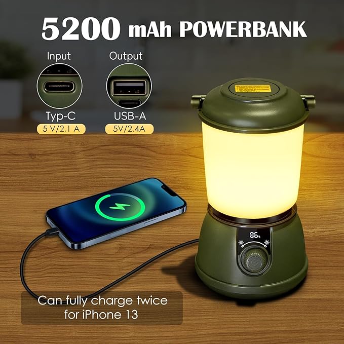 LED Camping Lantern Rechargeable, 5200mAh Camping Lights up to 150 Hours & 5 Light Modes, IPX5 Waterproof, Camping Tent Light for Power outages, Hurricane, Hiking, Emergency, and Home