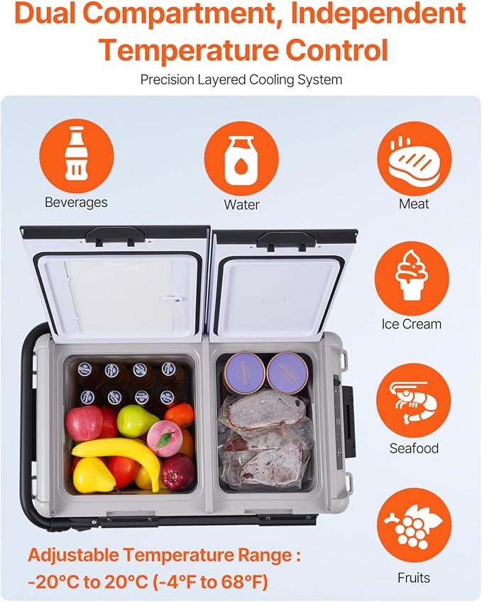 VEVOR X40K Refrigerator 42.3 Qt Dual Storage Zones Car Fridge, Electric Cooler with Telescopic Handle, Portable Freezer for Vehicle Camping Truck Van RV SUV Road Trip Travel, Black