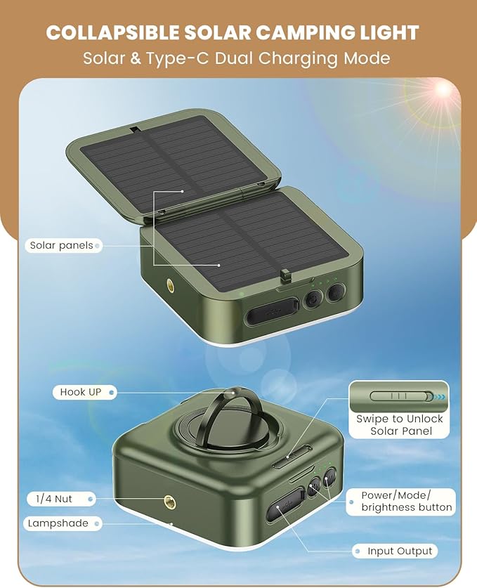 Camping Lantern - Collapsible Solar LED Lamp, 5200mAh Solar/USB Rechargeable, 1000LM, 5 Light Modes, Outdoor IPX4 Waterproof - Portable Emergency Light (Green)