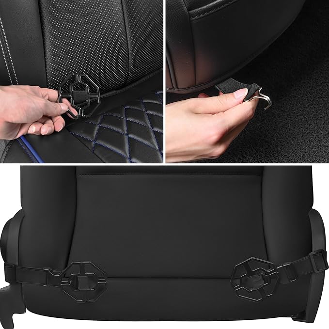CAR PASS 1 Pack Leather Front Car Seat Cover, Bottom Seat Cover Full Wrapped with Storage Pocket, Anti-Slip Leather Seat Protector,Waterproof Seat Cushion Pad Universal Fit Sedan SUV Truck, Black Blue