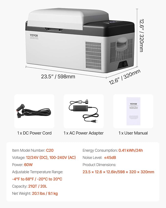 VEVOR 21 Quart(20 Liter), 12 Volt App Control(-4℉~68℉), Electric Compressor Cooler with 12/24v DC & 110-240v AC for Camping, Travel, Outdoor or Home Use, 21QT