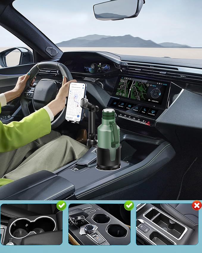 Cup Phone Holder for Car with Expandable Base, 2 in 1 Adjustable Hands Free Cell Phone Holders Car Cupholder Mount, Friendly Fit Large Bottle & iPhone All Cellphone for Truck SUV | No Shake Design