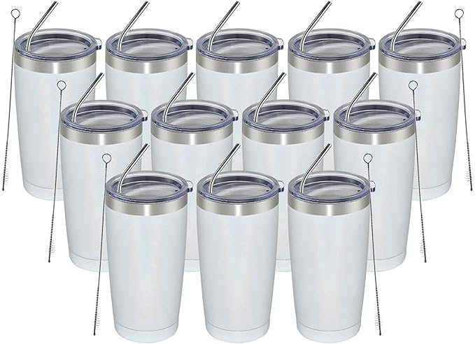 MEWAY 20oz Tumbler 12 Pack Double Wall Vacuum Insulated Travel Glitter Mug Bulk, Stainless Steel Tumblers with Lid and Straw, Powder Coated Coffee Cups for Woman(Rainbow White,Set of 12)
