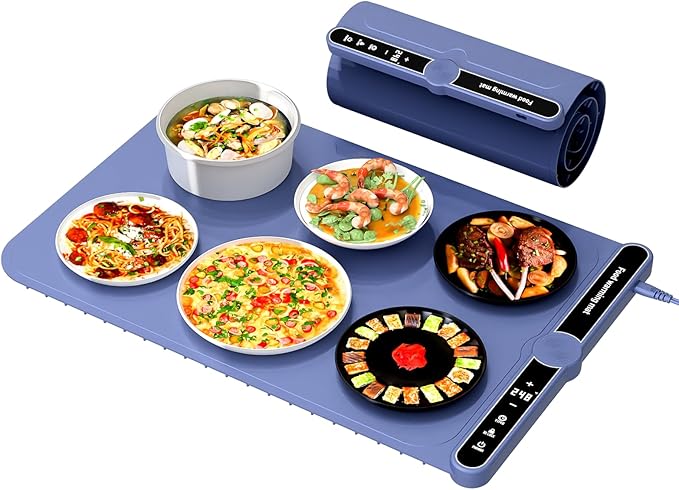 Smart Warming Mat for Food, Upgrade Waterproof Foldable Heating Mat, Food Warming Mat with 9 Level Adjustable Temperature and 6-Speed Timing, Easy to Clean Food Warmers for Buffet,Party,Thawin (Blue)