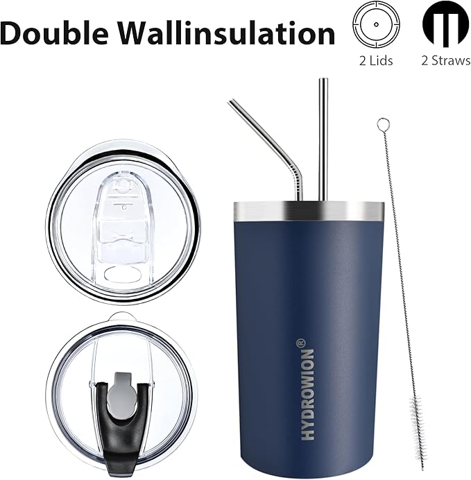 HYDROWION Triple-Insulated Tumblers - Stainless Steel with Lid and Straw, 12 oz Water Bottle, Stainless Steel Cups, Coffee Travel Mug for Home & Office Navy Blue