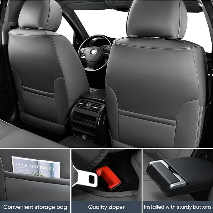 Auto Car Seat Covers Accessories Full Set Leather Cushion Protector Breathable Waterproof Seat Cover for Cars Universal Fit (Grey, Front Pair and Rear)