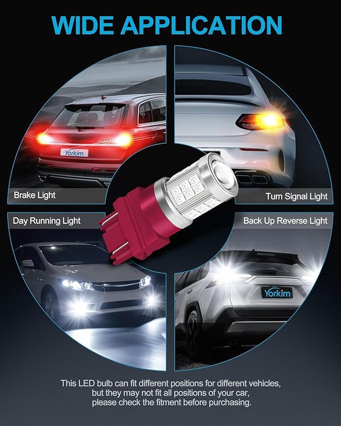 Yorkim 3157 LED Bulb Red 3157 led brake light bulb, 3157a led bulb 3156 led red lights 3056 3057 4157 bulb led 3157 Replacement Lamp for Stop Lights Brake Lights Tail Light Bulbs, pack of 4