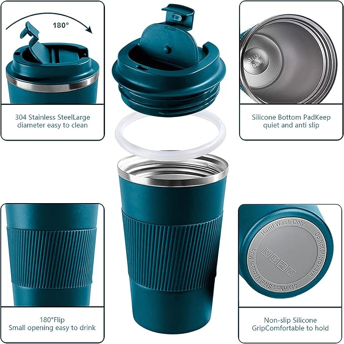 YINBAOGE Insulated Travel Coffee Mug, Spill & Leak Proof, Portable To Go Camping Stainless Steel Coffee Tumbler, Reusable Thermal Coffee Cup with Lid for Hot & Cold Drinks (Blue, 12 OZ)