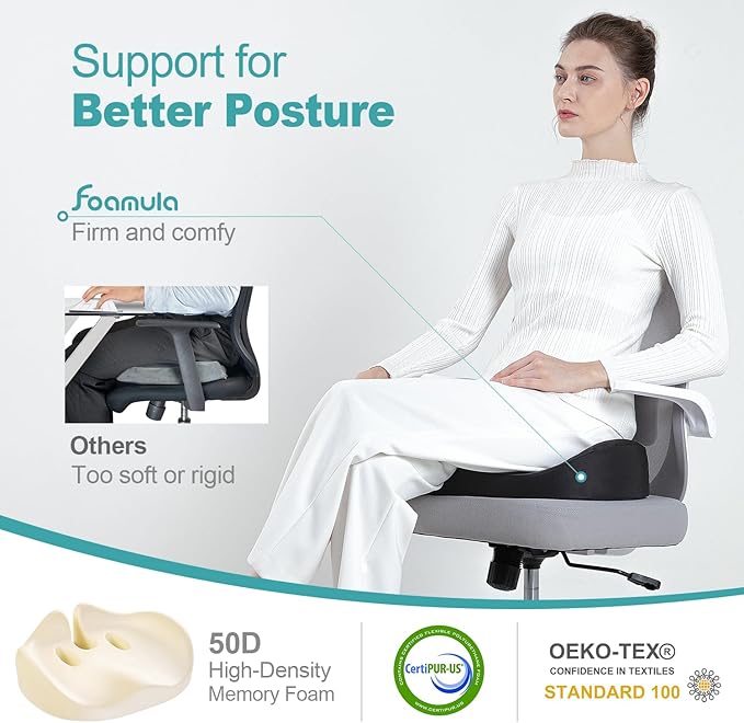 Seat Cushion for Long Sitting Hours on Office/Home Chair, Car, Wheelchair, Memory Foam Sciatica Pain Relief Pillow, Seat Cushion for Hip, Tailbone, Coccyx Pain, Black