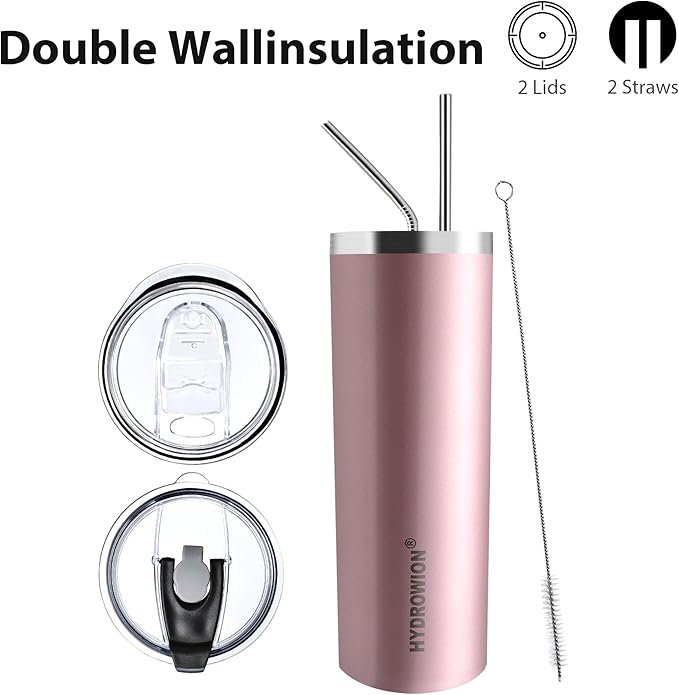 HYDROWION Triple-Insulated Tumblers - Stainless Steel with Lid and Straw, 20 oz Water Bottle, Stainless Steel Cups, Coffee Travel Mug for Home & Office Rose Gold
