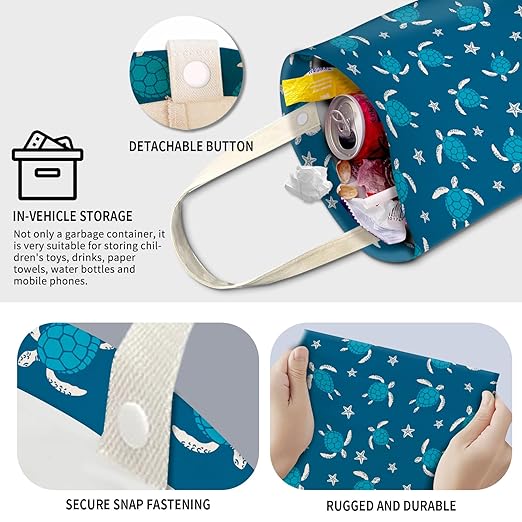 Cute Car Trash Can, Hanging Canvas Car Back Seat Organizer and Storage Bag, Funny Car Trash Bag For Travelling, Outdoor Cute Blue Sea Turtle
