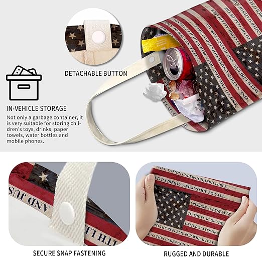 Cute Car Trash Can, Hanging Canvas Car Back Seat Organizer and Storage Bag, Funny Car Trash Bag for Travelling, Outdoor Cute American Flag Print