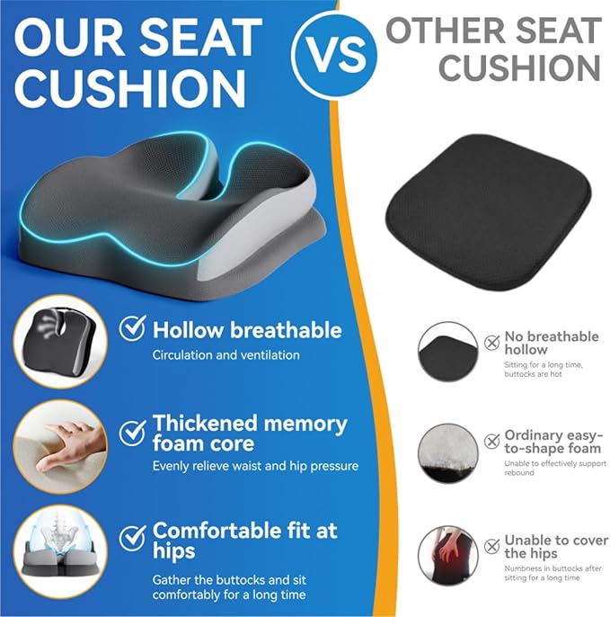 Seat Cushions for Office Chairs Wheelchair Cushion for Long Sitting Back Pain,Memory Foam Seat Car Computer Desk Chair Cushion,Coccyx Cushion for Tailbone Pain Relief Cushion Office Chair Butt Pillow