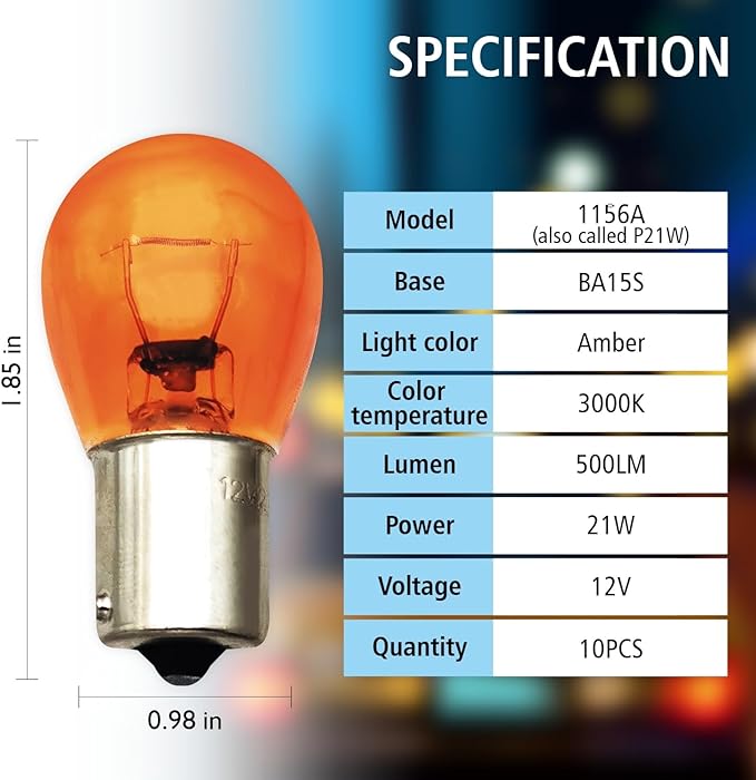 1156 Amber Light Bulb 10 Pack,S25 Automotive Brake Light Turn 1156A Miniature Bulb Mini Bulb Taillight Turn Signal Light,Replacement for Cars,Trucks,SUVs