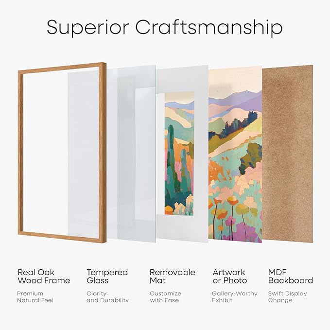 Homeforia 8.5 by 11 Picture Frame Wood, High End Natural Oak 8.5x11 Light Wooden Frames with Mat 6x8 inch Photo, 8.5 x 11 Wall or Tabletop Frame Matted to 6 x 8 Art, Tempered Glass, Wall Kit, Set of 1