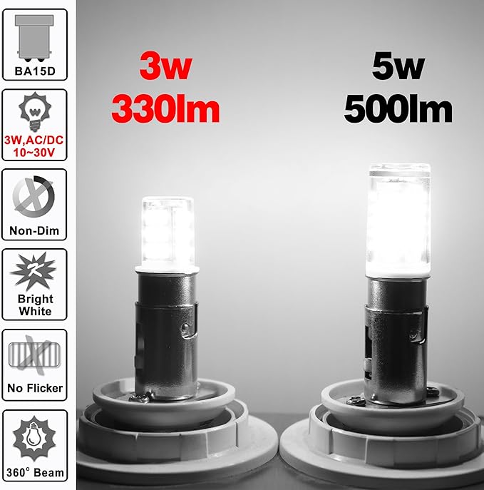 12V BA15D LED RV Camper Interior Light Bulbs,1076 1142 1176 S8 3W 6000K Daylight Bright White,Double Contact DC Bayonet Base,AC10-24V DC10-30V Low Voltage BA15D for Marine Boat Trailer Lights,5Pack