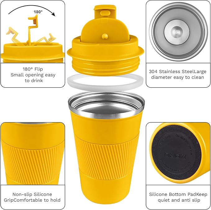 YINBAOGE Insulated Travel Coffee Mug, Spill & Leak Proof, Portable To Go Camping Stainless Steel Coffee Tumbler, Reusable Thermal Coffee Cup with Lid for Hot & Cold Drinks (Yellow, 12 OZ)