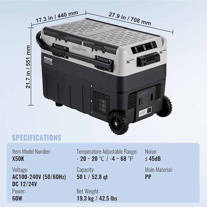 VEVOR Portable Car Refrigerator, 12 Volt Car Refrigerator Fridge, 50Liter(52.8qt) Dual Zone Portable Freezer, -4℉-68℉ Adjustable Temperature, Compressor Cooler for Home, Outdoor, Camping, RV, Car
