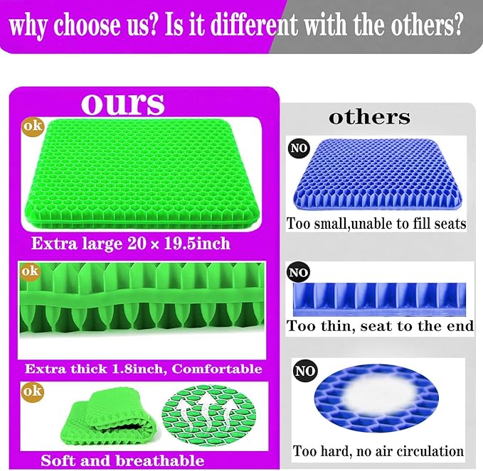Plus Size Gel Seat Cushion, Extra Large and Thick, Seat Cushion for Pressure Relief for Back, Hip, Sciatica, Tailbone Pain, Used for Office, Wheelchair, Car, Truck, Recliner, Stadium.(Grass Green)