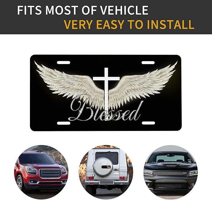 Front License Plate Wing Cross Blessed Vanity Plates Aluminum Metal Decorative Car Tag Novelty License Plate Cover for Men Women 6 * 12 in (4 Holes)