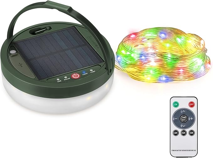 Solar Camping String Lights 4 in 1, Anpro 32.8Ft Ultra Long Multi-Color LED String, 3600mAh Solar Powered and USB Rechargeable Light with Remote Control, Portable Camping Light for Hiking, Decoration