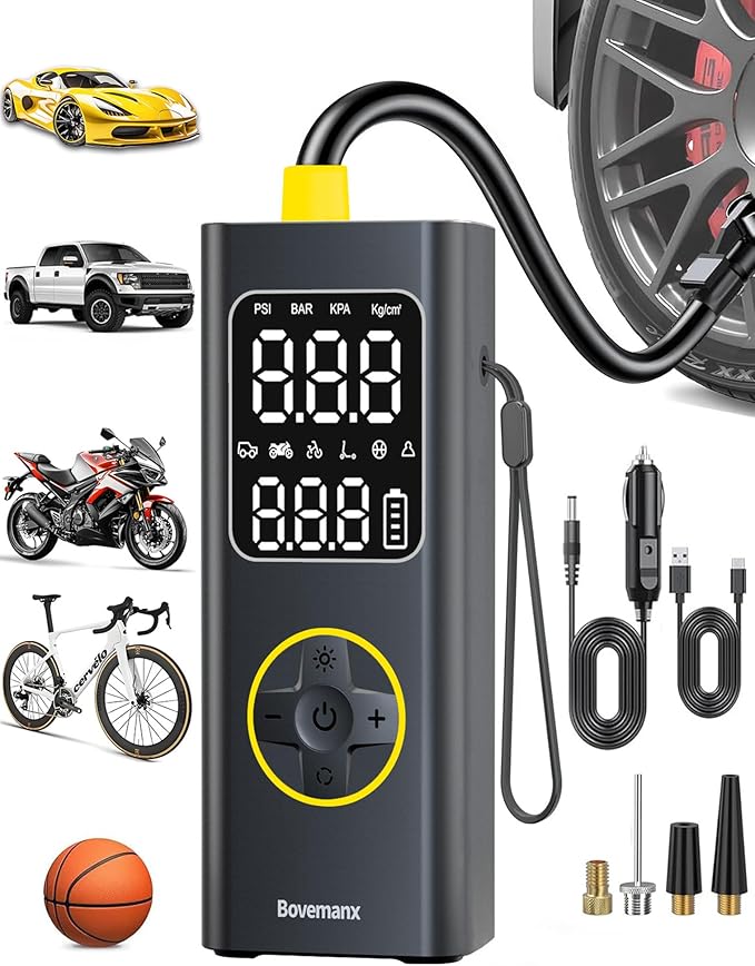 Car Tire Air Pump Portable Air Compressor, 150 PSI Cordless Tire Inflator Battery for Inflating/Charging with 12V DC Cord, Digital Gauge, Led Light for Car, Motorcycle, Bike, Balls and More (Yellow)