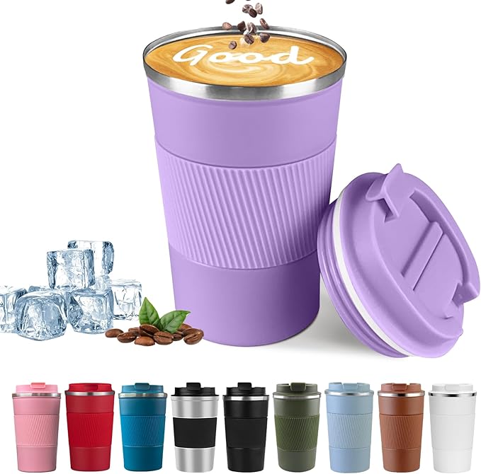 YINBAOGE Insulated Travel Coffee Mug, Spill & Leak Proof, Portable To Go Camping Stainless Steel Coffee Tumbler, Reusable Thermal Coffee Cup with Lid for Hot & Cold Drinks (Purple, 17 OZ)