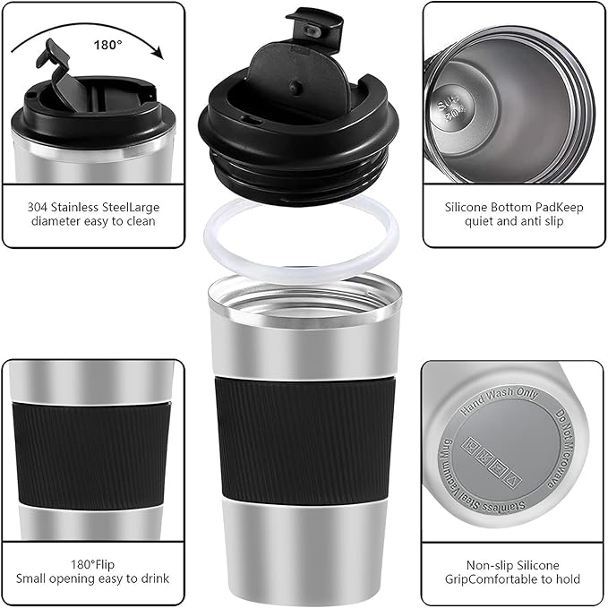 YINBAOGE Insulated Travel Coffee Mug, Spill & Leak Proof, Portable To Go Camping Stainless Steel Coffee Tumbler, Reusable Thermal Coffee Cup with Lid for Hot & Cold Drinks (Silver black, 17 OZ)