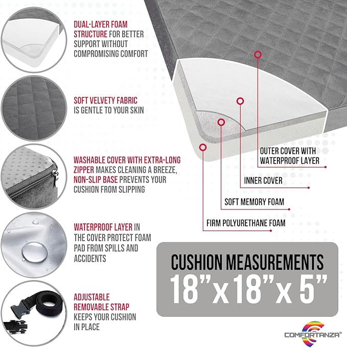 Booster Cushion for Adults - 18x18x5 Medium-Firm Seat Cushion for Home, Office, Wheelchair, Car - Washable Velvety Cover with Waterproof Layer, Removable Strap & Non-Slip Base - Gray