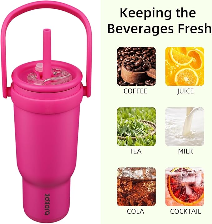 BJPKPK 30 OZ Insulated Travel Tumbler with Handle and Straw, Stainless Steel Water Bottle, Double Wall Vacuum Insulated Mug, for Work, Car, Travel, Rose Red