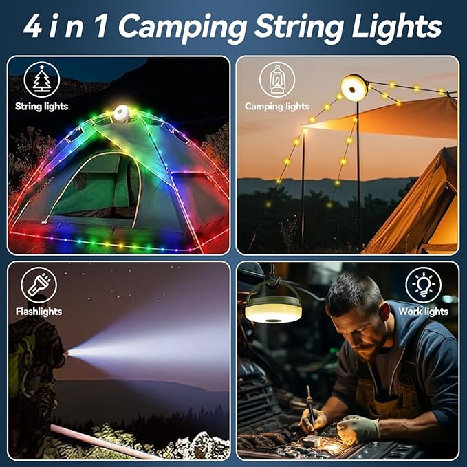 33FT Camping String Lights, Rechargeable String Lights with 8 Modes, Waterproof Outdoor Lights with Delay Closure, Retractable Design & Hooks for Outdoor Patio Awning Garden Party Essentials