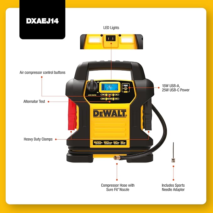 DEWALT DXAEJ14 Digital Portable Power Station Jump Starter - 1600 Peak Amps with 120 PSI Compressor, AC Charging Cube, 15W USB-A and 25W USB-C Power for Electronic Devices