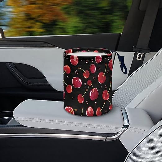 Cute Cherry Car Garbage Bin Collapsible Hanging Portable Waterproof Waste Basket Car Accessories Interior for Car SUV Trucks