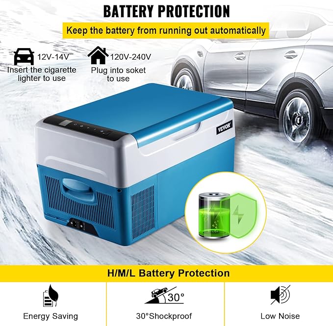 VEVOR Portable 23 Quart(22 Liter) 12 Volt App Control(-4℉~68℉), Car Refrigerator Electric Compressor Cooler with 12/24v DC & 110-240v AC for Camping, Travel, Fishing, Outdoor, White+Blue