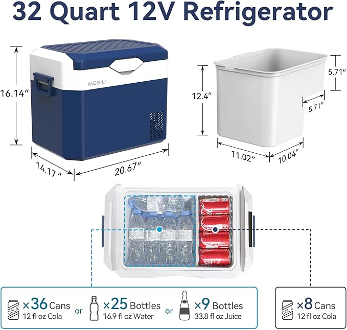 Car Refrigerator Portable 12V Fridge 32 Quart 12 Volt Freezer Compressor Cooler 12V/24V DC 110~240 V AC for Truck Van RV Camper SUV and Home Use