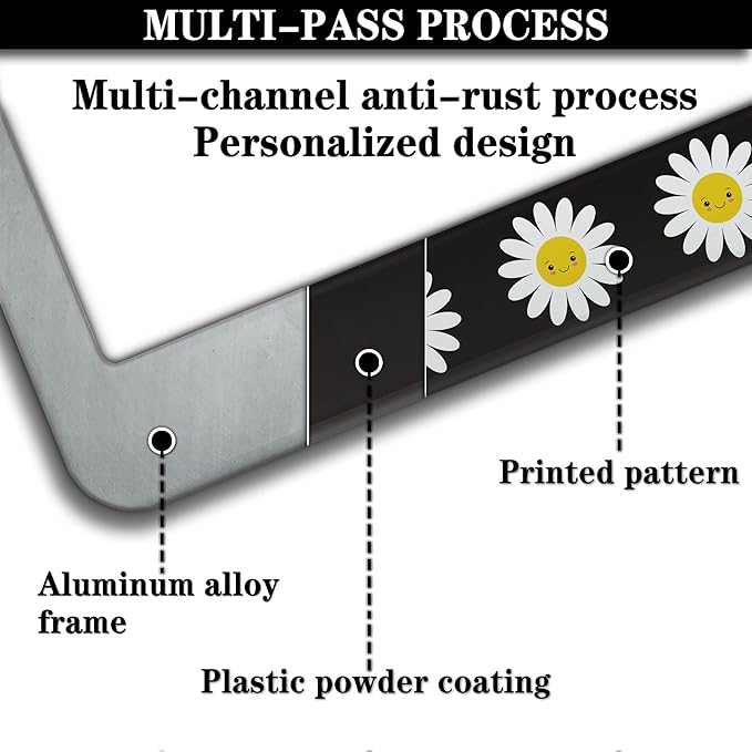 Automotive Exterior Accessories White, Black, Yellow License Plate Frames Daisy Cute Girly Gift Aluminum Metal Car Accessory 2 Pack with Screw Covers Set
