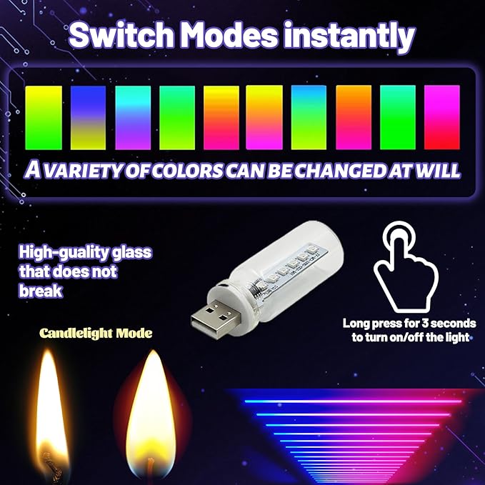 New Car USB Lights, 13 in 1 Touch Adjustment USB LED Car Lights, Mini Glass Bottle LED Bulb Night Lights, Switch Memory Retention, 13 Modes & 7 Colors for Vehicle Bedroom Camping Holiday (1Pcs)