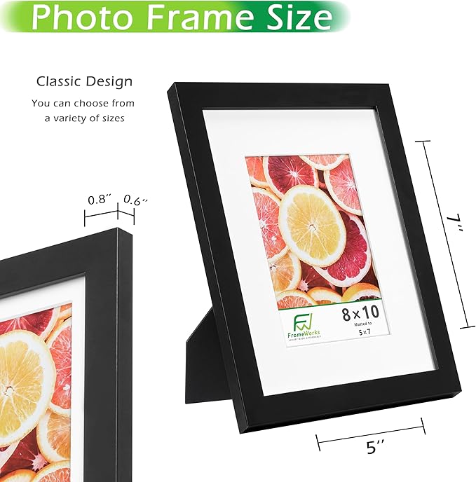 FrameWorks 2-Pack, 8x10 Matted to 5x7 Picture Frame, Black – Classic Wooden Photo Frame with Tempered Glass, Modern Matte Finish for Prints, Posters, Certificates & Wall Decor – Gallery-Ready