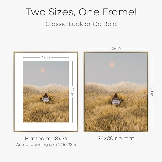Homeforia 24 x 30 Bronze Frame, High End Metal 24x30 Large Poster Frames with Mat 18x24 for Photo, 24 x 30 Brass Picture Frame Matted to 18 by 24 Print, 30x24 Frame, Tempered Glass, Wall Kit, Set of 3