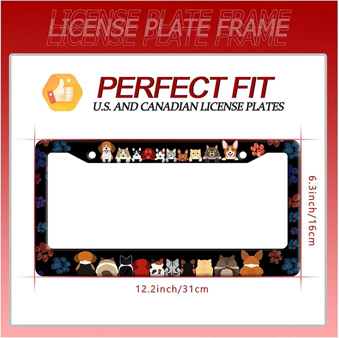 Funny Dogs License Plate Frame Colorful Dog Paws Line License Plate Frames Animal Auto Accessory Bracket Stainless Steel Personalise Dog License Plate for Men Women 6.3 x 12.3 Inch