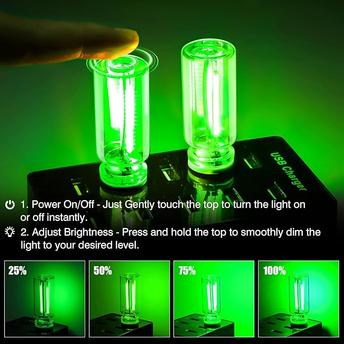 2PCS Car USB Night Light Touch Dimmable LED Filament Lamp, USB Plug-in Mini Glass Bottle Night Light DIY Mood Lamp Atmosphere Lights for Automotive Vehicle Bedroom Hallway Camping Decoration, Green