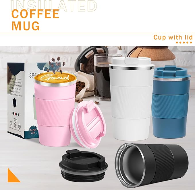 YINBAOGE Insulated Travel Coffee Mug, Spill & Leak Proof, Portable To Go Camping Stainless Steel Coffee Tumbler, Reusable Thermal Coffee Cup with Lid for Hot & Cold Drinks (Pink, 12 OZ)