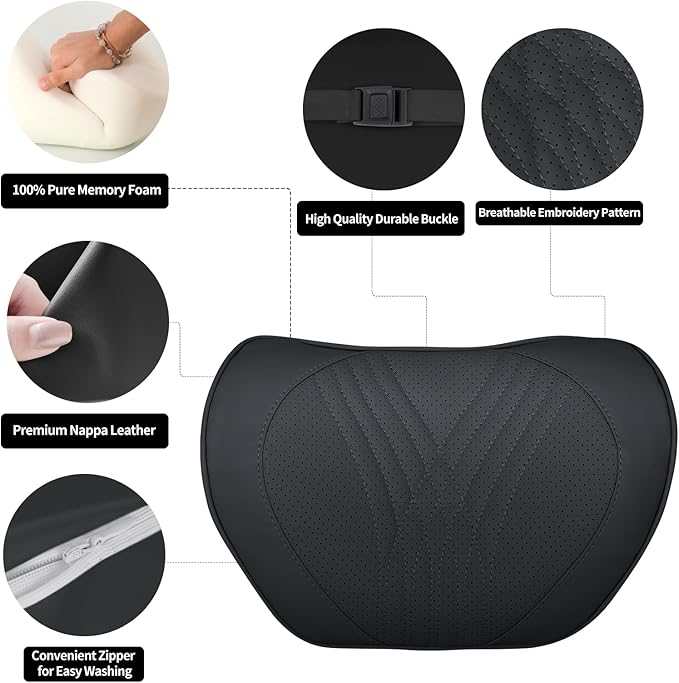 Car Neck Pillow Memory Foam Premium Leather Headrest Neck Support Cushion Universal for Driving Home Office, Black,2PC